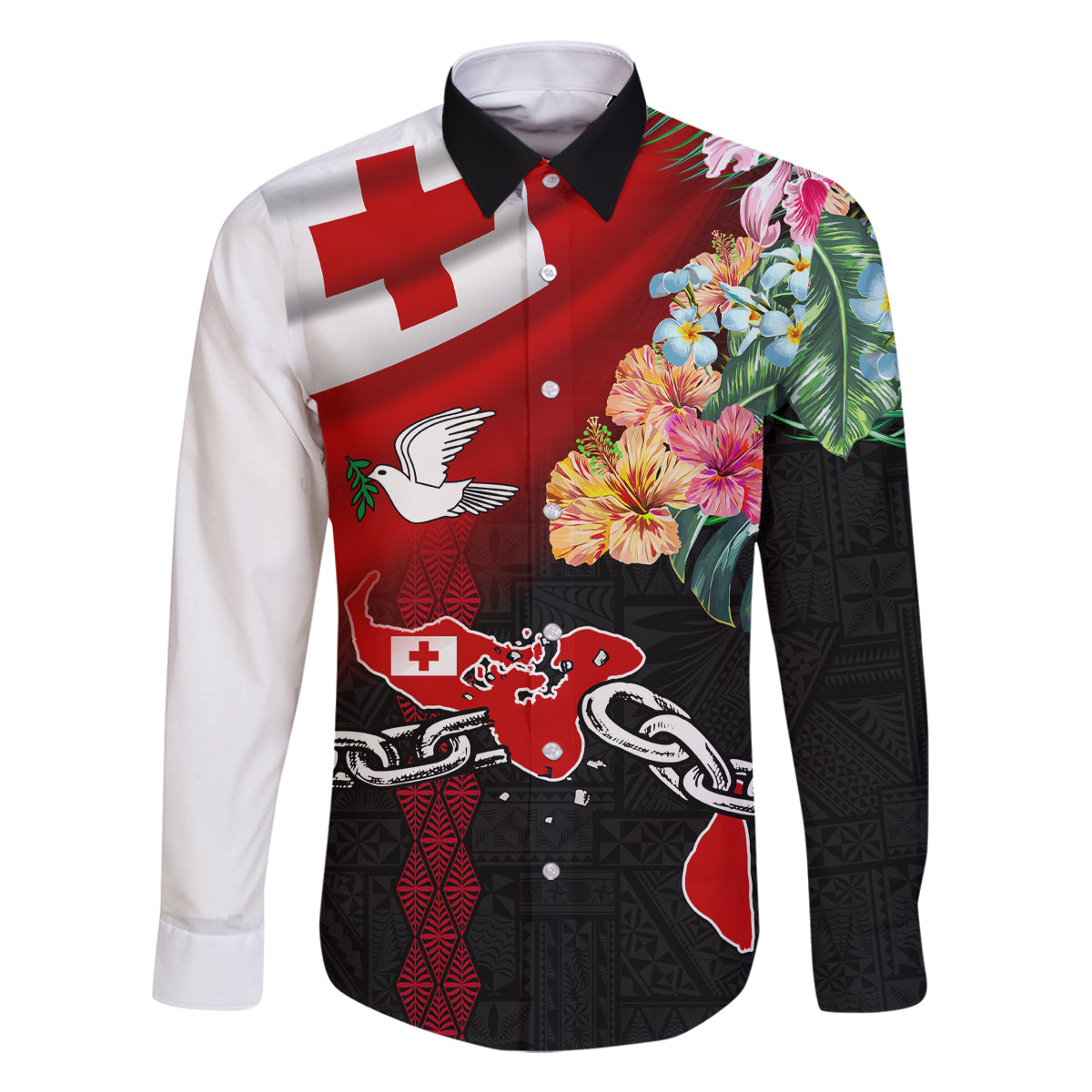 Personalised Tonga Emancipation Day Family Matching Off Shoulder Maxi Dress and Hawaiian Shirt Flag Map and Hibiscus Flower Ngatu Pattern LT03 Dad's Shirt - Long Sleeve Black - Polynesian Pride