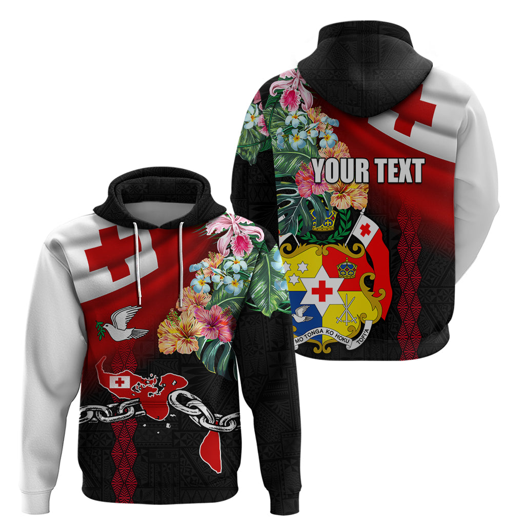 Personalised Tonga Emancipation Day Hoodie Flag Map and Hibiscus Flower Ngatu Pattern LT03 - Polynesian Pride