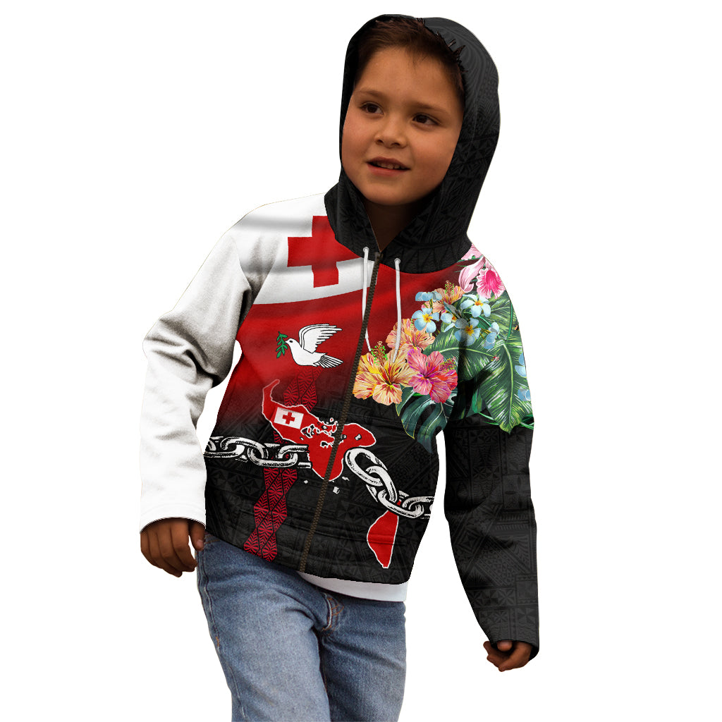 Personalised Tonga Emancipation Day Kid Hoodie Flag Map and Hibiscus Flower Ngatu Pattern LT03 - Polynesian Pride