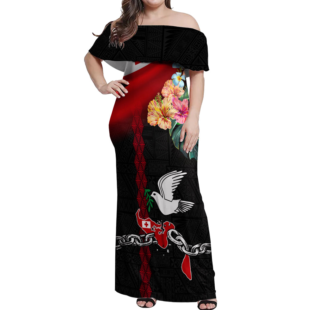 Personalised Tonga Emancipation Day Off Shoulder Maxi Dress Flag Map and Hibiscus Flower Ngatu Pattern LT03 Women Black - Polynesian Pride