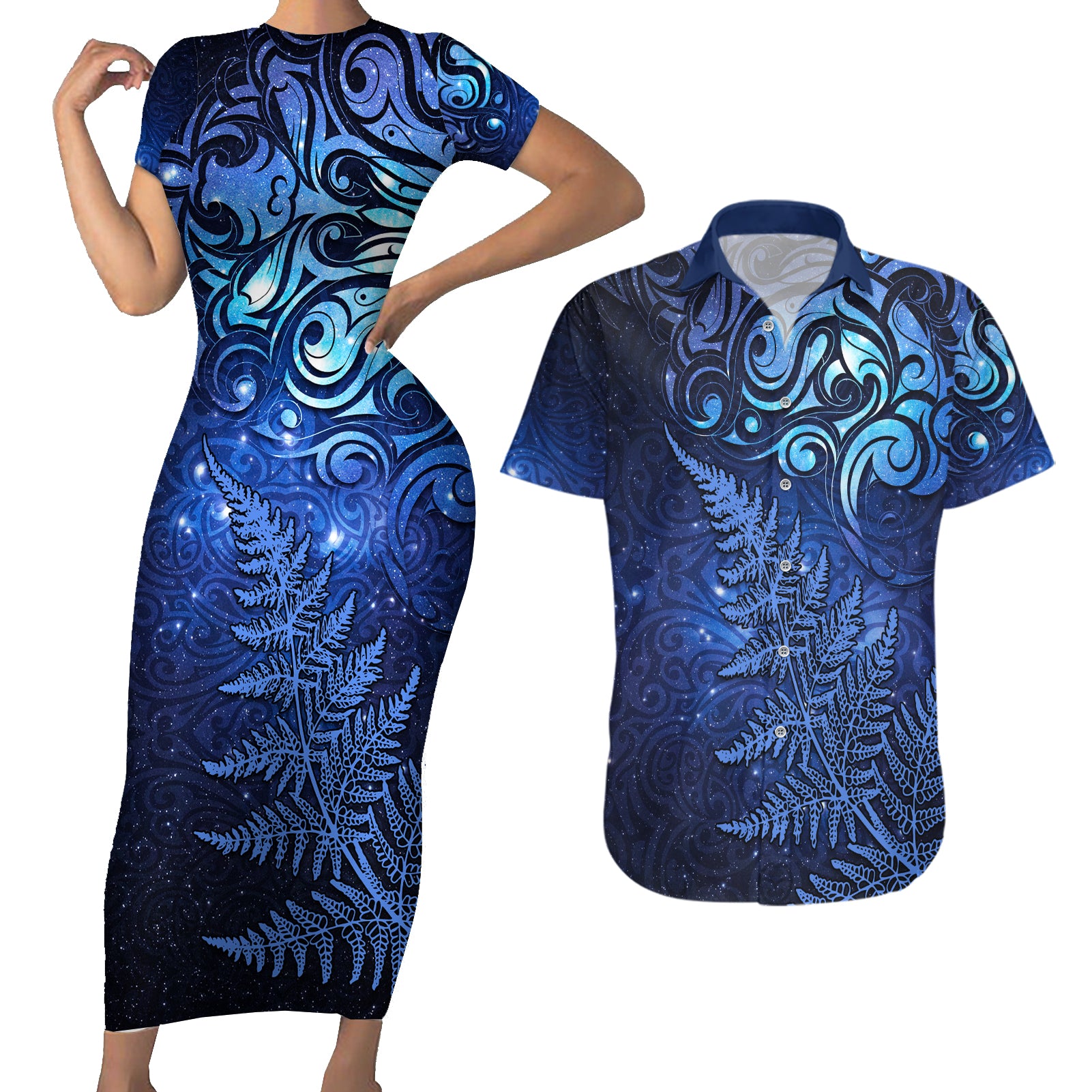 New Zealand Matariki Couples Matching Short Sleeve Bodycon Dress and Hawaiian Shirt Maori Pattern and Silver Fern