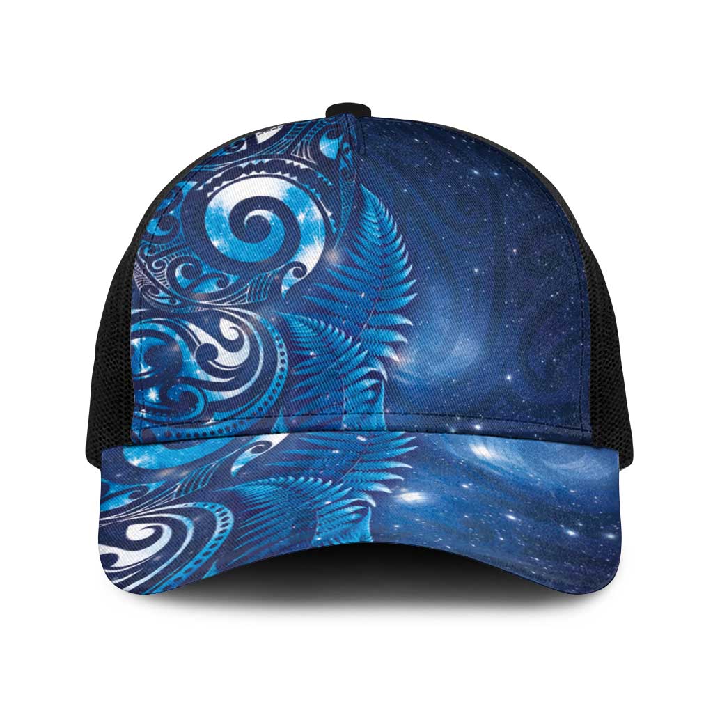 Aotearoa New Zealand New Year Baseball Net Cap Tribal Koru Tattoo Blue Galaxy Maori Silver Fern