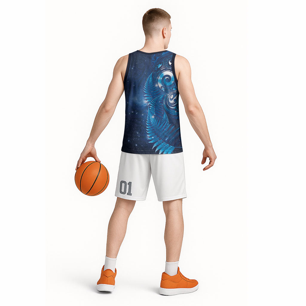 Aotearoa New Zealand New Year Basketball Jersey Tribal Koru Tattoo Blue Galaxy Maori Silver Fern LT03 - Polynesian Pride