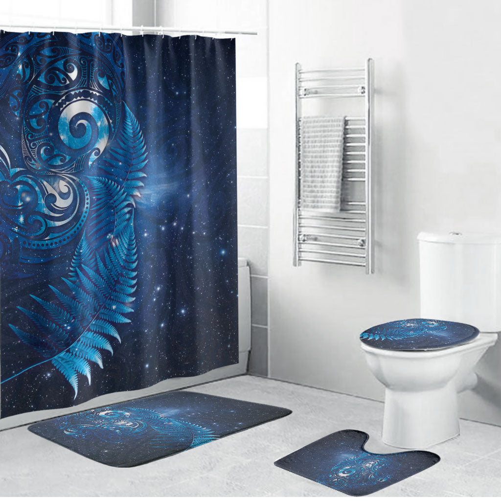 Aotearoa New Zealand New Year Bathroom Set Tribal Koru Tattoo Blue Galaxy Maori Silver Fern