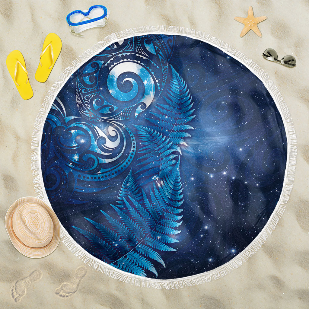 Aotearoa New Zealand New Year Beach Blanket Tribal Koru Tattoo Blue Galaxy Maori Silver Fern