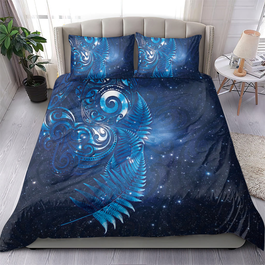 Aotearoa New Zealand New Year Bedding Set Tribal Koru Tattoo Blue Galaxy Maori Silver Fern