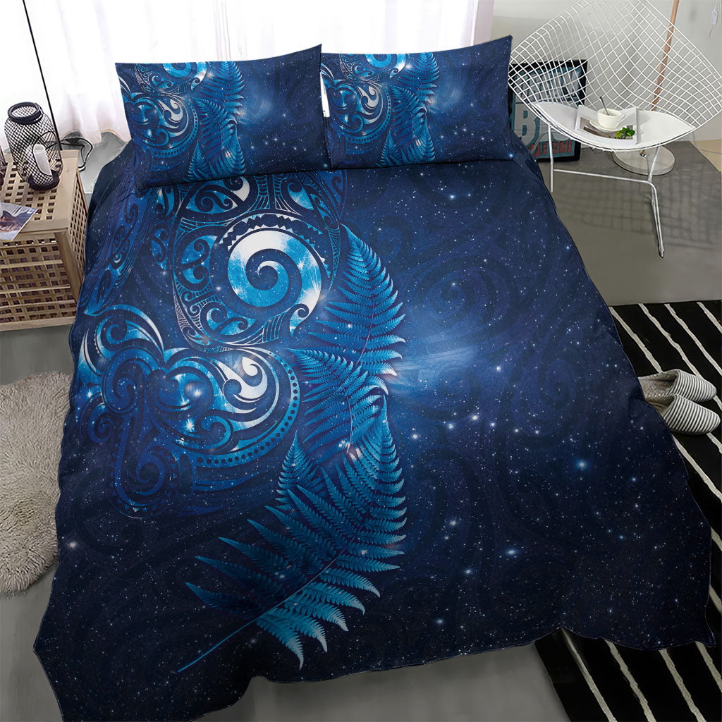 Aotearoa New Zealand New Year Bedding Set Tribal Koru Tattoo Blue Galaxy Maori Silver Fern