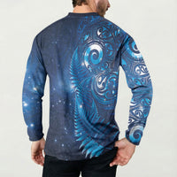 Aotearoa New Zealand New Year Button Sweatshirt Tribal Koru Tattoo Blue Galaxy Maori Silver Fern