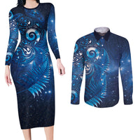 Aotearoa New Zealand New Year Couples Matching Long Sleeve Bodycon Dress and Long Sleeve Button Shirt Tribal Koru Tattoo Blue Galaxy Maori Silver Fern LT03 Blue - Polynesian Pride