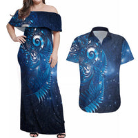 Aotearoa New Zealand New Year Couples Matching Off Shoulder Maxi Dress and Hawaiian Shirt Tribal Koru Tattoo Blue Galaxy Maori Silver Fern LT03 Blue - Polynesian Pride