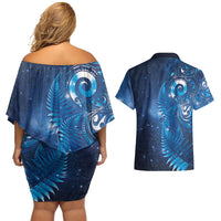 Aotearoa New Zealand New Year Couples Matching Off Shoulder Short Dress and Hawaiian Shirt Tribal Koru Tattoo Blue Galaxy Maori Silver Fern LT03 - Polynesian Pride