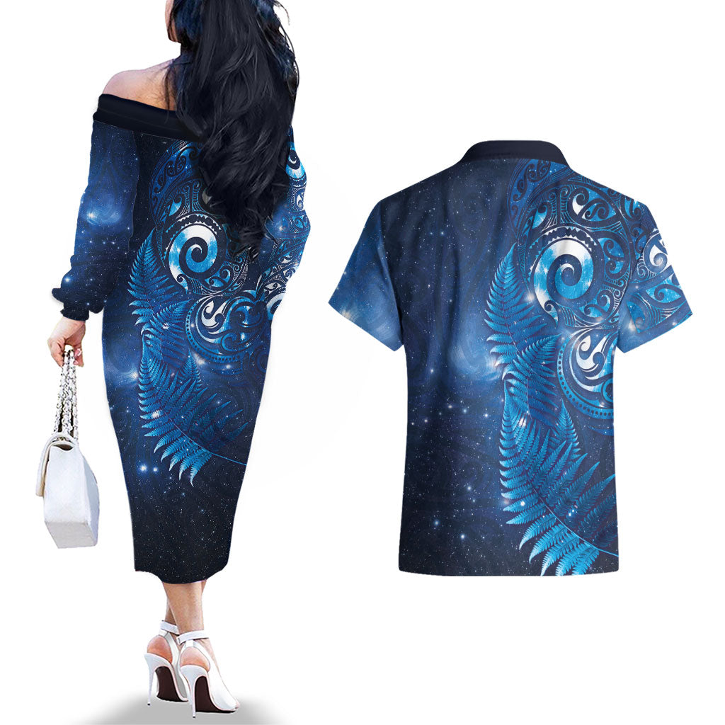 Aotearoa New Zealand New Year Couples Matching Off The Shoulder Long Sleeve Dress and Hawaiian Shirt Tribal Koru Tattoo Blue Galaxy Maori Silver Fern LT03 - Polynesian Pride