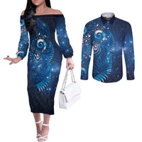 Aotearoa New Zealand New Year Couples Matching Off The Shoulder Long Sleeve Dress and Long Sleeve Button Shirt Tribal Koru Tattoo Blue Galaxy Maori Silver Fern LT03 Blue - Polynesian Pride