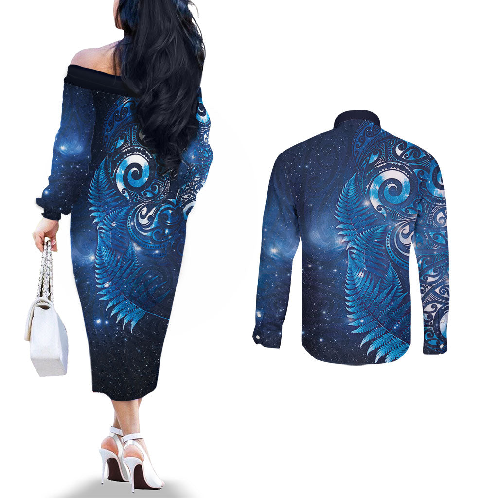 Aotearoa New Zealand New Year Couples Matching Off The Shoulder Long Sleeve Dress and Long Sleeve Button Shirt Tribal Koru Tattoo Blue Galaxy Maori Silver Fern LT03 - Polynesian Pride