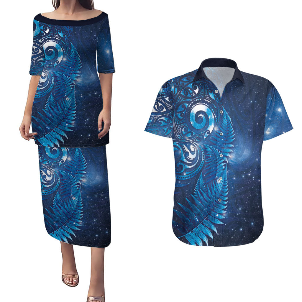 Aotearoa New Zealand New Year Couples Matching Puletasi and Hawaiian Shirt Tribal Koru Tattoo Blue Galaxy Maori Silver Fern LT03 Blue - Polynesian Pride