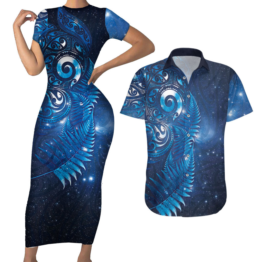Aotearoa New Zealand New Year Couples Matching Short Sleeve Bodycon Dress and Hawaiian Shirt Tribal Koru Tattoo Blue Galaxy Maori Silver Fern LT03 Blue - Polynesian Pride