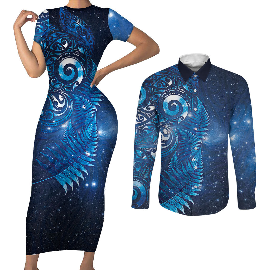 Aotearoa New Zealand New Year Couples Matching Short Sleeve Bodycon Dress and Long Sleeve Button Shirt Tribal Koru Tattoo Blue Galaxy Maori Silver Fern LT03 Blue - Polynesian Pride