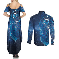 Aotearoa New Zealand New Year Couples Matching Summer Maxi Dress and Long Sleeve Button Shirt Tribal Koru Tattoo Blue Galaxy Maori Silver Fern LT03 - Polynesian Pride