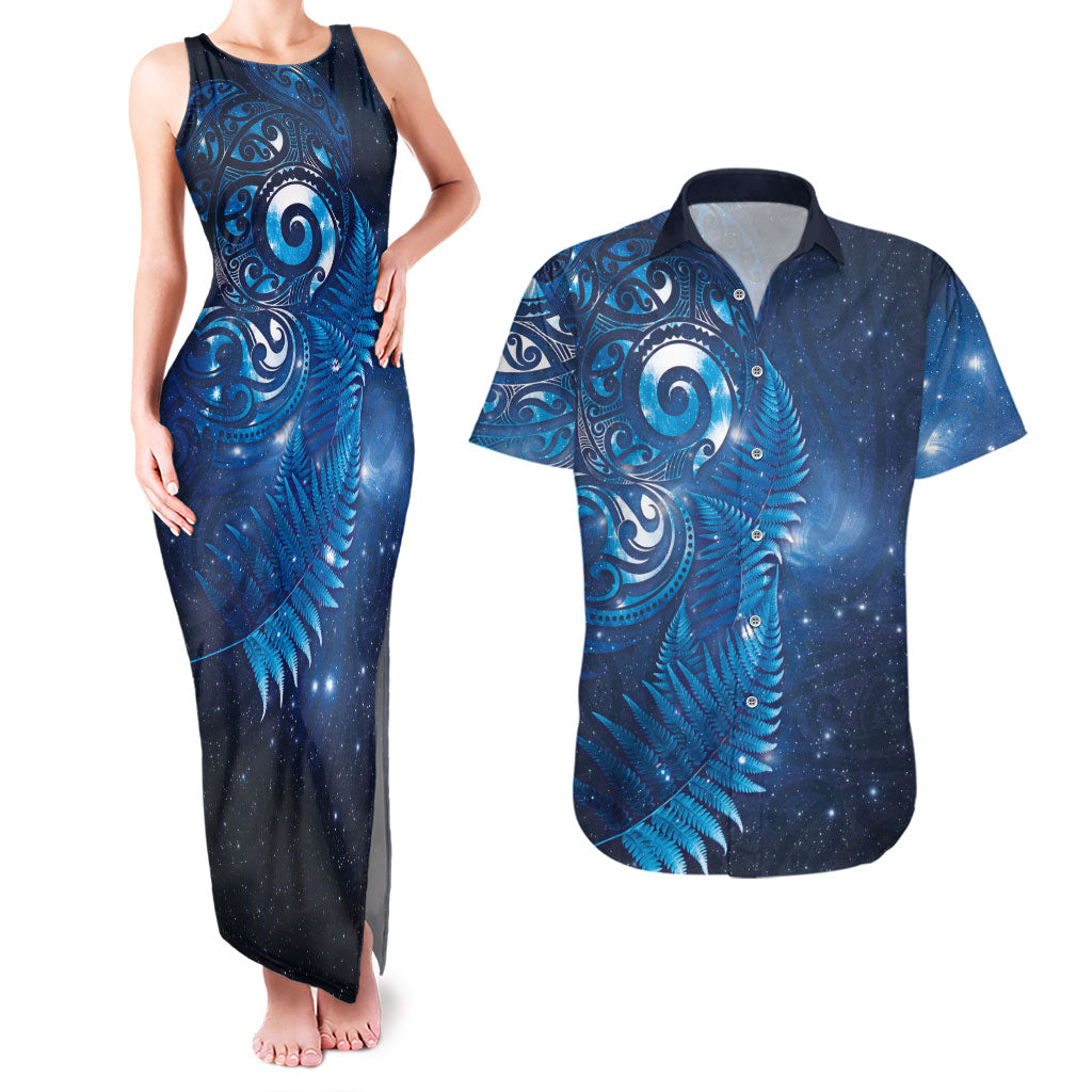 Aotearoa New Zealand New Year Couples Matching Tank Maxi Dress and Hawaiian Shirt Tribal Koru Tattoo Blue Galaxy Maori Silver Fern