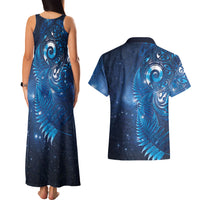 Aotearoa New Zealand New Year Couples Matching Tank Maxi Dress and Hawaiian Shirt Tribal Koru Tattoo Blue Galaxy Maori Silver Fern LT03 - Polynesian Pride