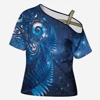 Aotearoa New Zealand New Year Cross Shoulder Shirt Tribal Koru Tattoo Blue Galaxy Maori Silver Fern LT03 Female Blue - Polynesian Pride