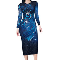 Aotearoa New Zealand New Year Family Matching Long Sleeve Bodycon Dress and Hawaiian Shirt Tribal Koru Tattoo Blue Galaxy Maori Silver Fern LT03 Mom's Dress Blue - Polynesian Pride