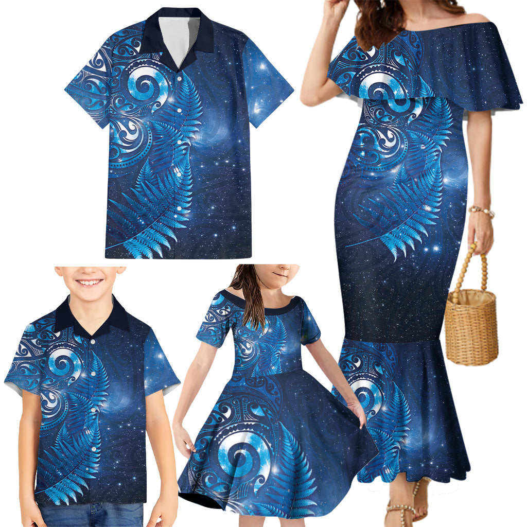 Aotearoa New Zealand New Year Family Matching Mermaid Dress and Hawaiian Shirt Tribal Koru Tattoo Blue Galaxy Maori Silver Fern LT03 - Polynesian Pride