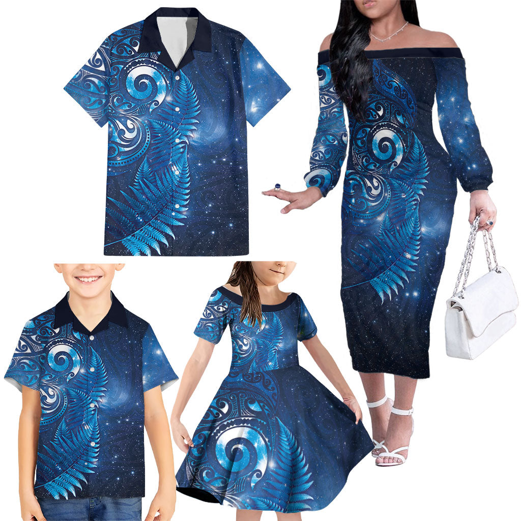 Aotearoa New Zealand New Year Family Matching Off The Shoulder Long Sleeve Dress and Hawaiian Shirt Tribal Koru Tattoo Blue Galaxy Maori Silver Fern