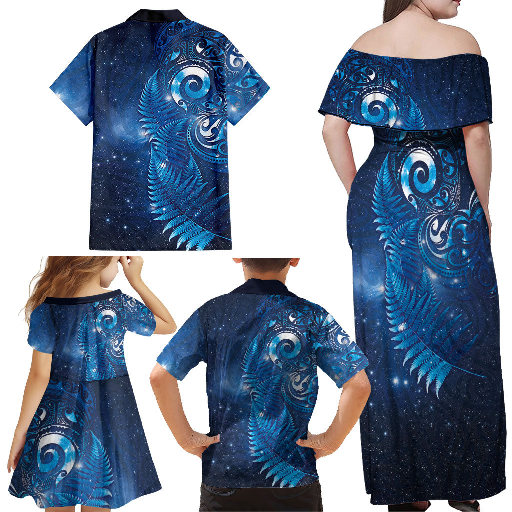 Aotearoa New Zealand New Year Family Matching Off Shoulder Maxi Dress and Hawaiian Shirt Tribal Koru Tattoo Blue Galaxy Maori Silver Fern LT03 - Polynesian Pride