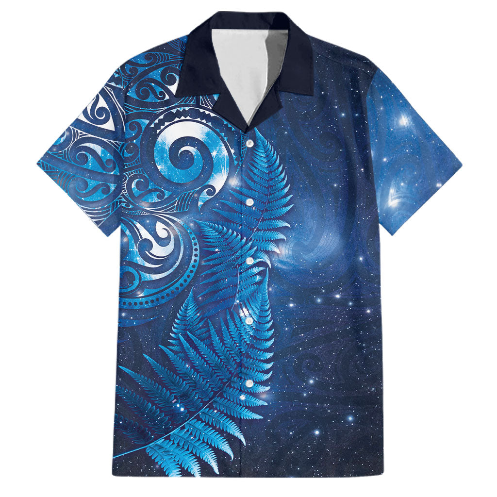 Aotearoa New Zealand New Year Family Matching Off Shoulder Maxi Dress and Hawaiian Shirt Tribal Koru Tattoo Blue Galaxy Maori Silver Fern LT03 Dad's Shirt - Short Sleeve Blue - Polynesian Pride