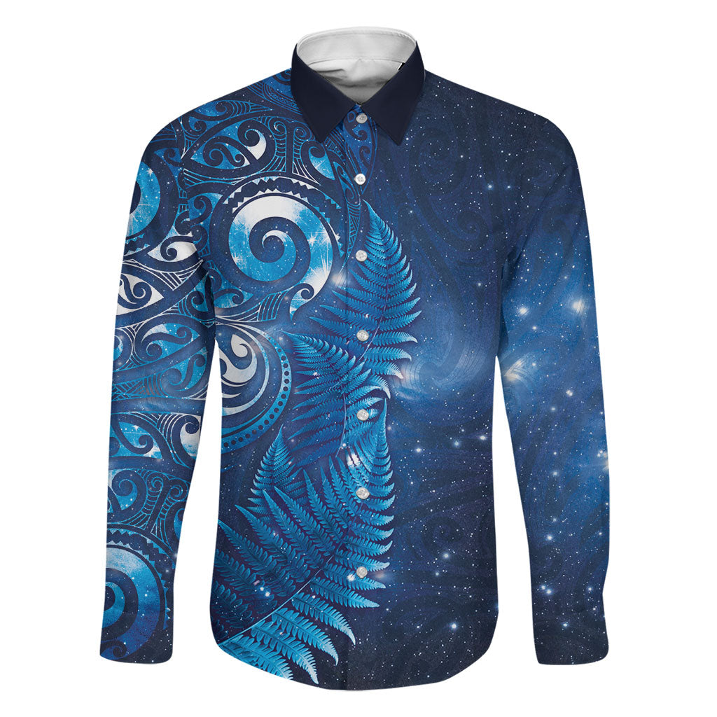 Aotearoa New Zealand New Year Family Matching Off Shoulder Maxi Dress and Hawaiian Shirt Tribal Koru Tattoo Blue Galaxy Maori Silver Fern LT03 Dad's Shirt - Long Sleeve Blue - Polynesian Pride