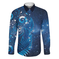 Aotearoa New Zealand New Year Family Matching Off Shoulder Maxi Dress and Hawaiian Shirt Tribal Koru Tattoo Blue Galaxy Maori Silver Fern LT03 Dad's Shirt - Long Sleeve Blue - Polynesian Pride