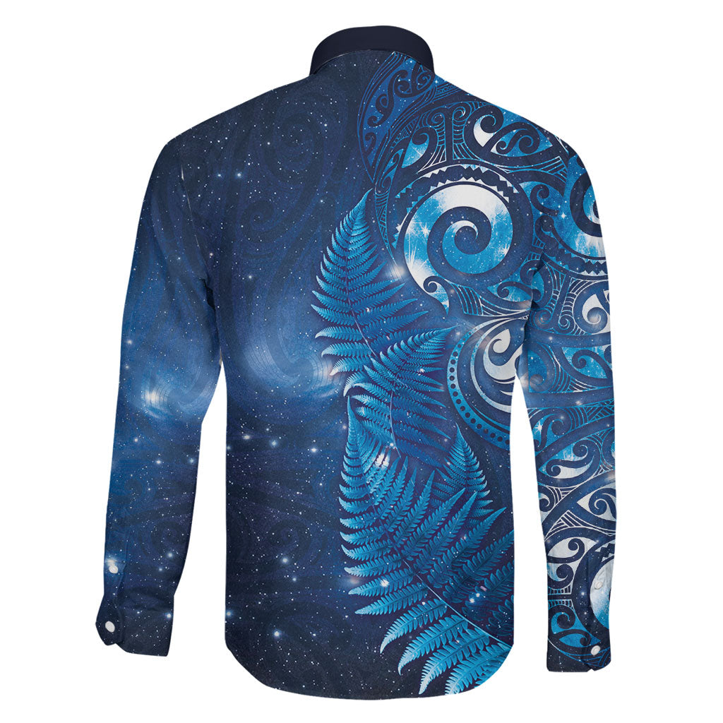 Aotearoa New Zealand New Year Family Matching Off Shoulder Maxi Dress and Hawaiian Shirt Tribal Koru Tattoo Blue Galaxy Maori Silver Fern LT03 - Polynesian Pride
