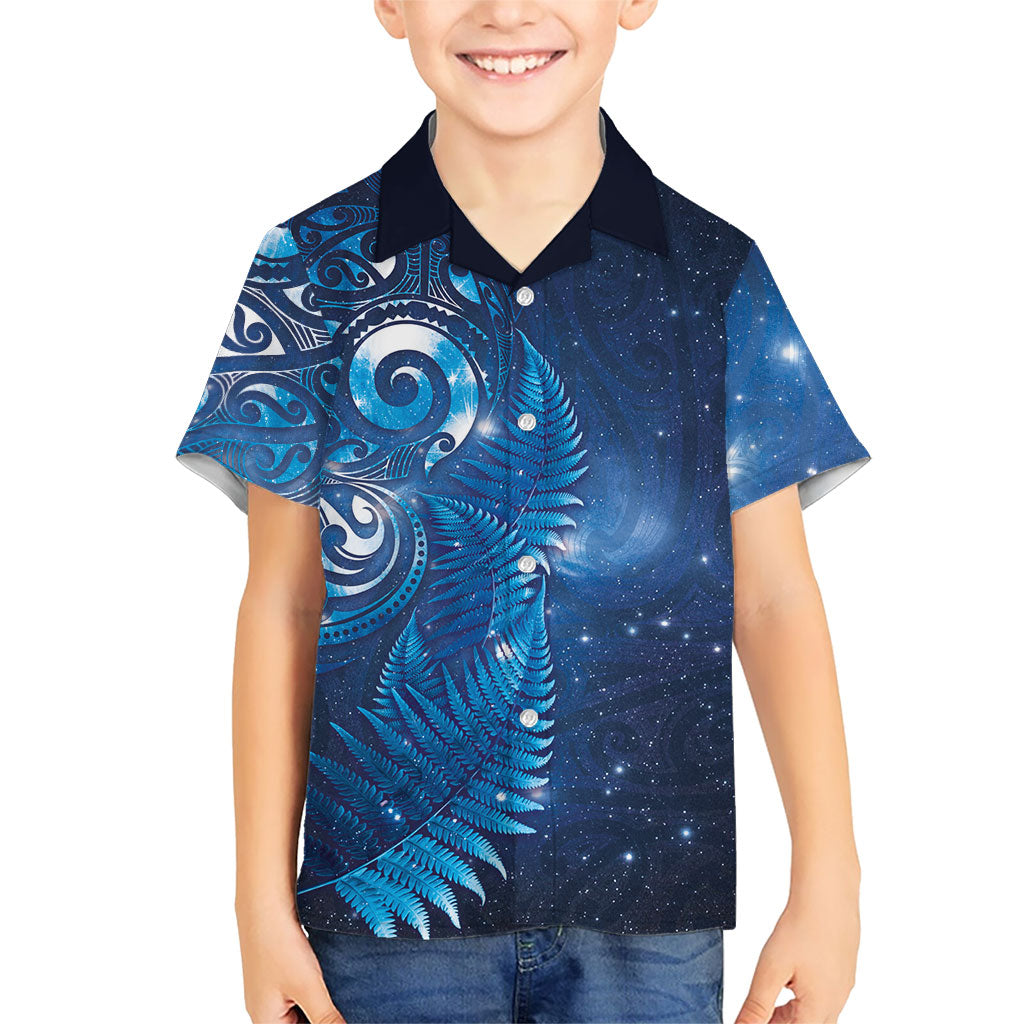 Aotearoa New Zealand New Year Family Matching Off Shoulder Maxi Dress and Hawaiian Shirt Tribal Koru Tattoo Blue Galaxy Maori Silver Fern LT03 Son's Shirt Blue - Polynesian Pride