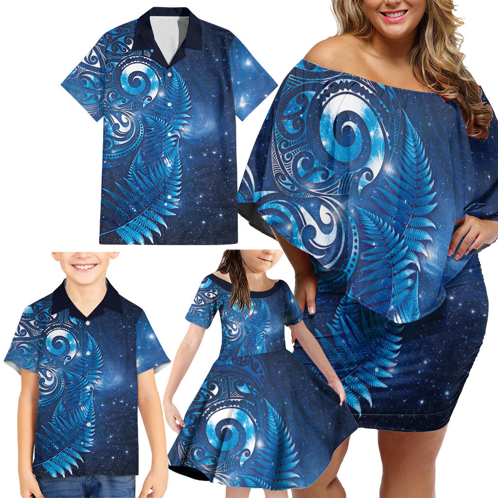 Aotearoa New Zealand New Year Family Matching Off Shoulder Short Dress and Hawaiian Shirt Tribal Koru Tattoo Blue Galaxy Maori Silver Fern