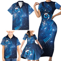 Aotearoa New Zealand New Year Family Matching Short Sleeve Bodycon Dress and Hawaiian Shirt Tribal Koru Tattoo Blue Galaxy Maori Silver Fern LT03 - Polynesian Pride