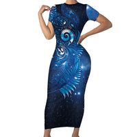 Aotearoa New Zealand New Year Family Matching Short Sleeve Bodycon Dress and Hawaiian Shirt Tribal Koru Tattoo Blue Galaxy Maori Silver Fern LT03 Mom's Dress Blue - Polynesian Pride