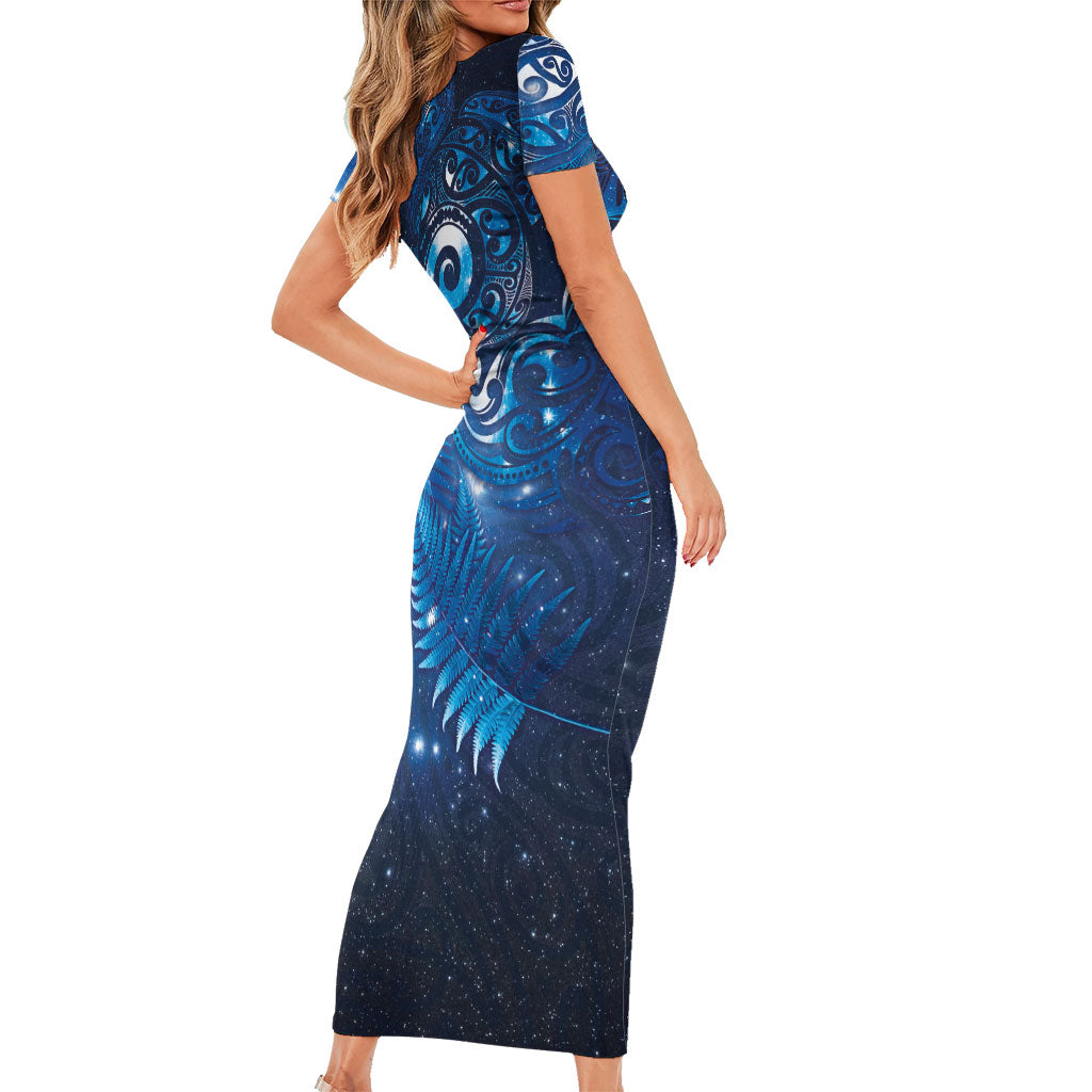 Aotearoa New Zealand New Year Family Matching Short Sleeve Bodycon Dress and Hawaiian Shirt Tribal Koru Tattoo Blue Galaxy Maori Silver Fern LT03 - Polynesian Pride