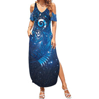 Aotearoa New Zealand New Year Family Matching Summer Maxi Dress and Hawaiian Shirt Tribal Koru Tattoo Blue Galaxy Maori Silver Fern LT03 Mom's Dress Blue - Polynesian Pride