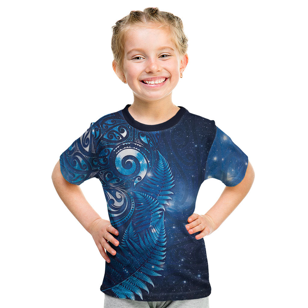 Aotearoa New Zealand New Year Kid T Shirt Tribal Koru Tattoo Blue Galaxy Maori Silver Fern