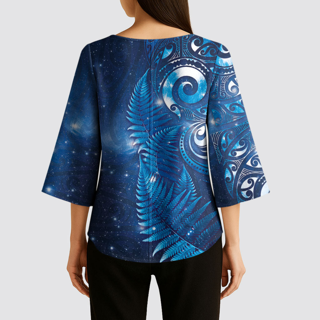 Aotearoa New Zealand New Year Kimono Sleeve Blouse Tribal Koru Tattoo Blue Galaxy Maori Silver Fern LT03 - Polynesian Pride