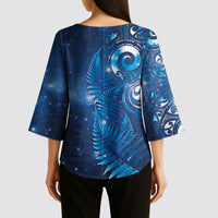 Aotearoa New Zealand New Year Kimono Sleeve Blouse Tribal Koru Tattoo Blue Galaxy Maori Silver Fern LT03 - Polynesian Pride