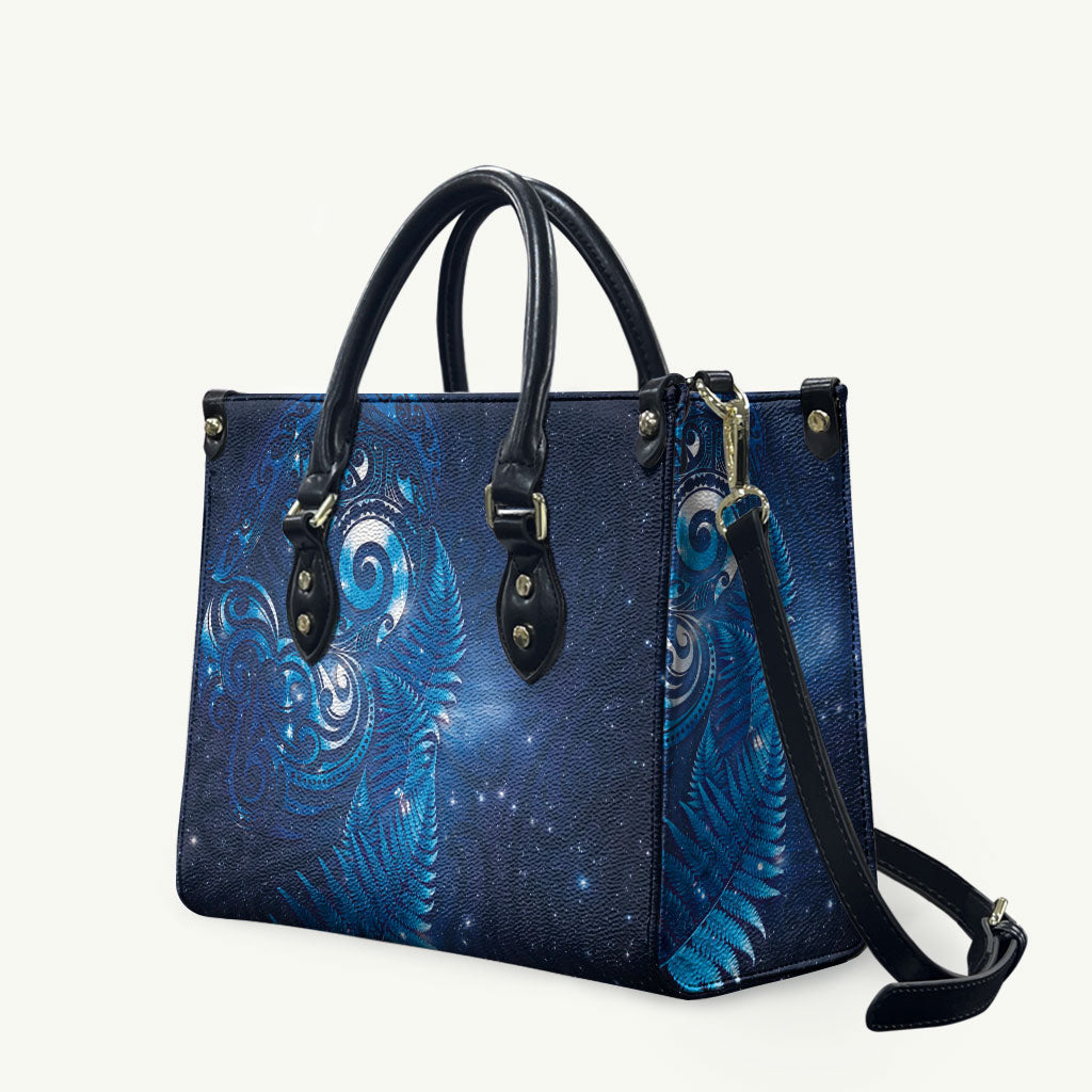 Aotearoa New Zealand New Year Leather Bag Tribal Koru Tattoo Blue Galaxy Maori Silver Fern