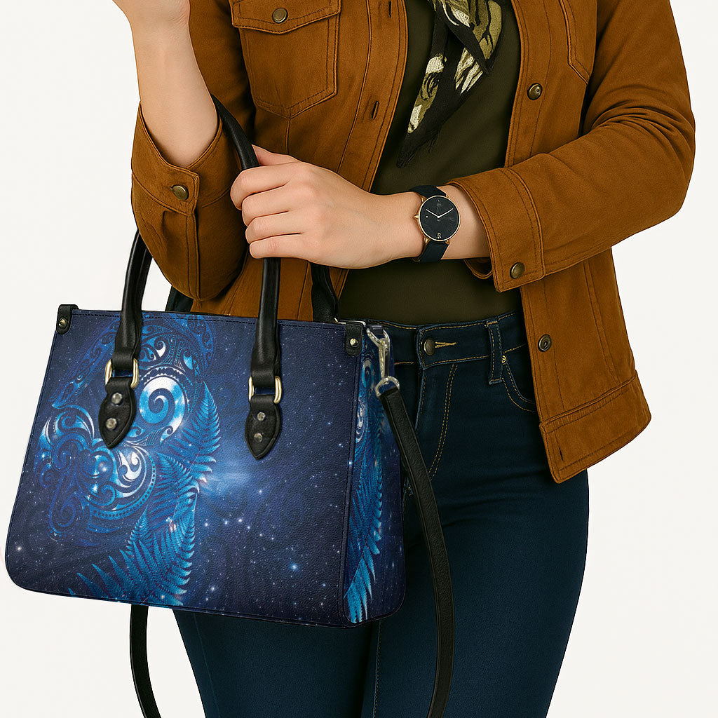 Aotearoa New Zealand New Year Leather Bag Tribal Koru Tattoo Blue Galaxy Maori Silver Fern