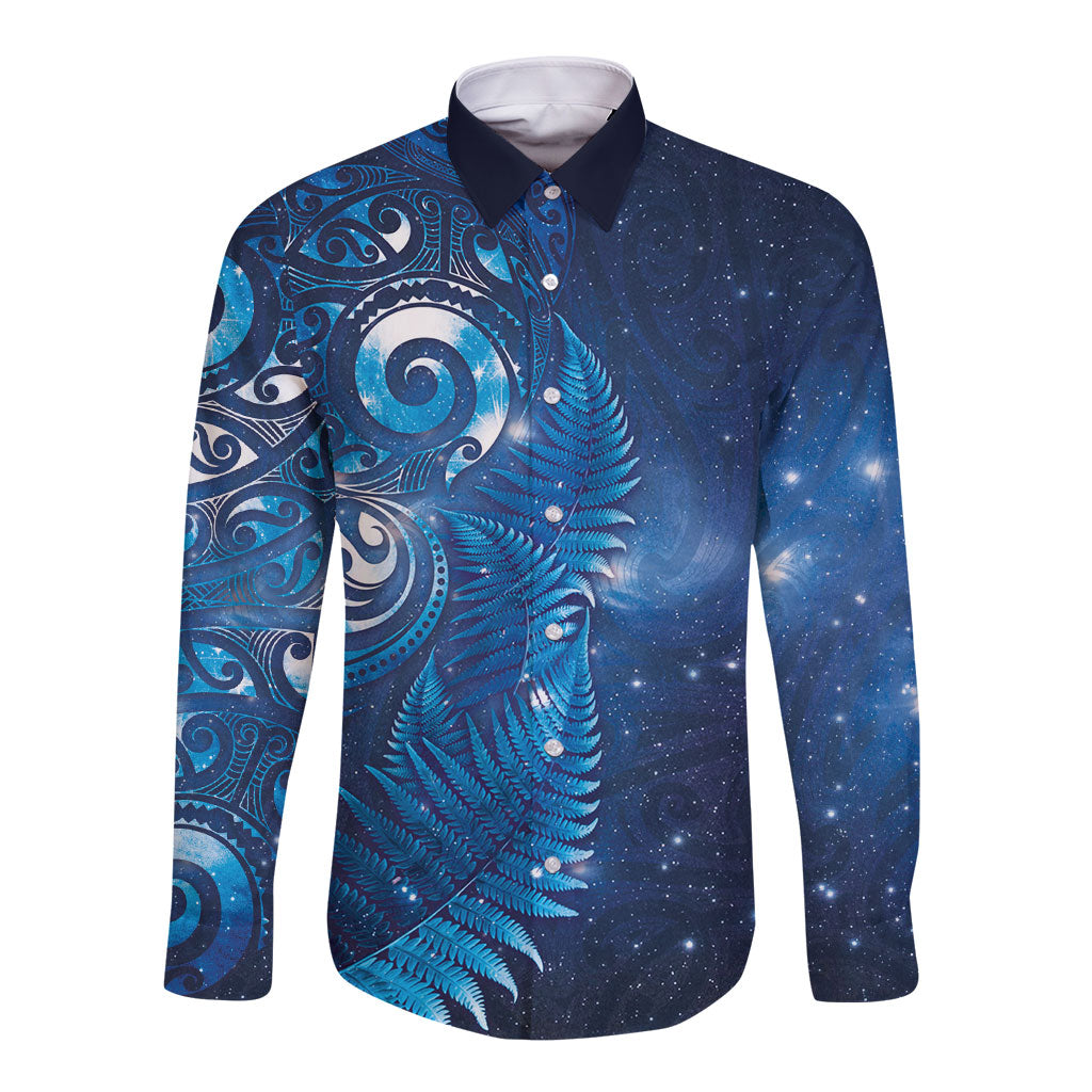 Aotearoa New Zealand New Year Long Sleeve Button Shirt Tribal Koru Tattoo Blue Galaxy Maori Silver Fern LT03 Unisex Blue - Polynesian Pride