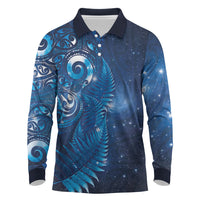 Aotearoa New Zealand New Year Long Sleeve Polo Shirt Tribal Koru Tattoo Blue Galaxy Maori Silver Fern LT03 Blue - Polynesian Pride