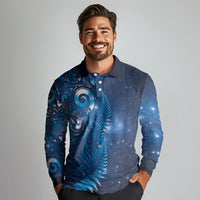 Aotearoa New Zealand New Year Long Sleeve Polo Shirt Tribal Koru Tattoo Blue Galaxy Maori Silver Fern LT03 - Polynesian Pride