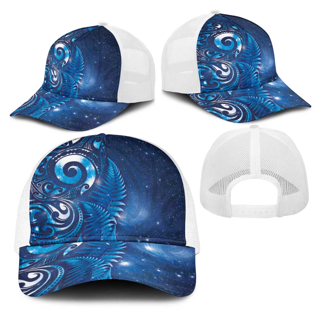 Aotearoa New Zealand New Year Mesh Trucker Cap Tribal Koru Tattoo Blue Galaxy Maori Silver Fern