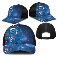 Aotearoa New Zealand New Year Mesh Trucker Cap Tribal Koru Tattoo Blue Galaxy Maori Silver Fern