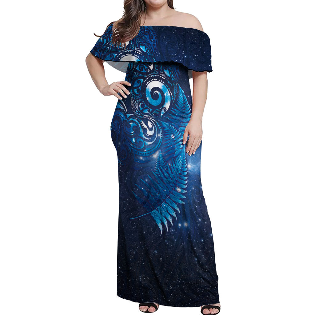 Aotearoa New Zealand New Year Off Shoulder Maxi Dress Tribal Koru Tattoo Blue Galaxy Maori Silver Fern